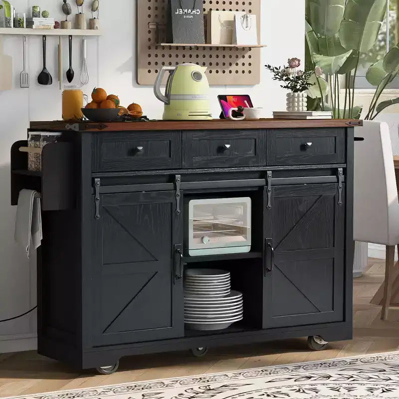 54W Rolling Kitchen Island Kitchen Storage Cart on Lockable Wheels with Drop Leaf, Power Outlet, Spice Rack, Drawers and Adjustable Shelf-ModernLuxe