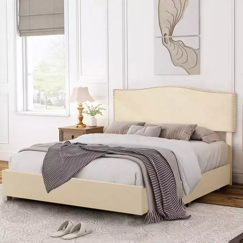 VECELO Upholstered Bed Frame Full/Queen Size Platform Bed Frame with Adjustable Headboard and Storage Drawers