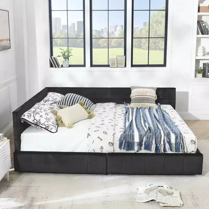 MAYEERTY Queen Size Storage Upholstered Tufted Bed Frame with Backrest and Armrests for Bedroom Black