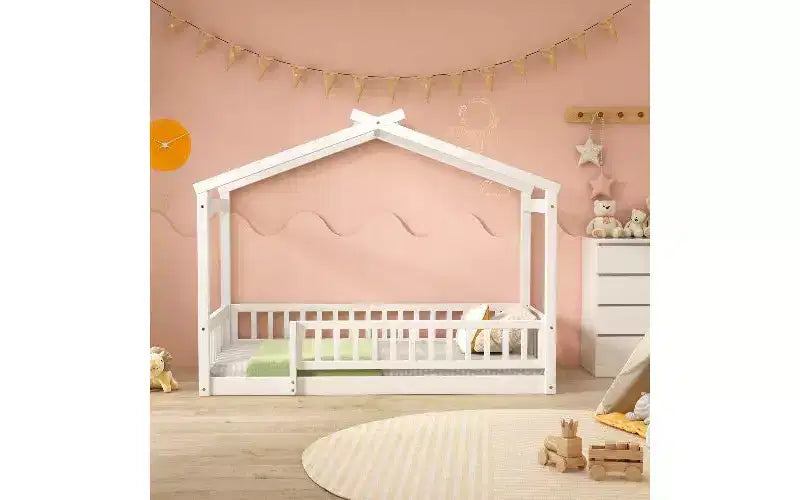 TUYOHW Modern Twin Size Kids Play & Sleep Bed, House Platform Bed Frame with Fence & Roof, Pine Wood Toddler Bed Floor Bed for Kids & Teens