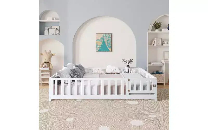 TUYOHW Full Size Kids Platform Bed Frame with Safety Fence & Openable Doors, Montessori Floor Bed Frame, Multi-Use Wooden Toddler Bed